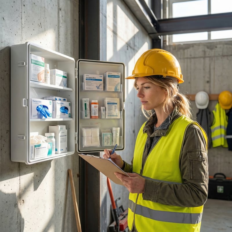 Safety coordinator inspecting a workplace first aid kit on a construction site in Alberta
