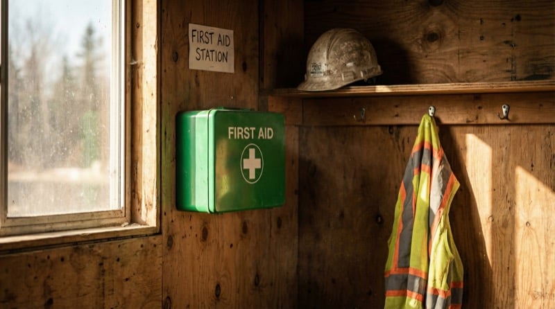 Construction site first aid station with accessible kit and clear signage