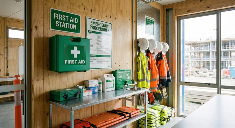 Construction site first aid station with accessible kit and clear signage