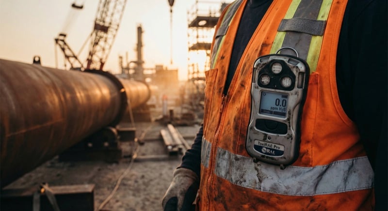 Close-up of a personal H2S gas detector clipped to a worker's high-visibility vest on a construction site