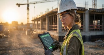 Safety coordinator reviewing a digital compliance inspection on a tablet at an active construction site