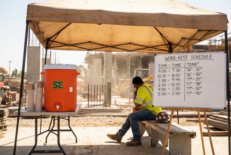 Organized rest area on construction site with shade structure, water cooler, and posted work-rest schedule