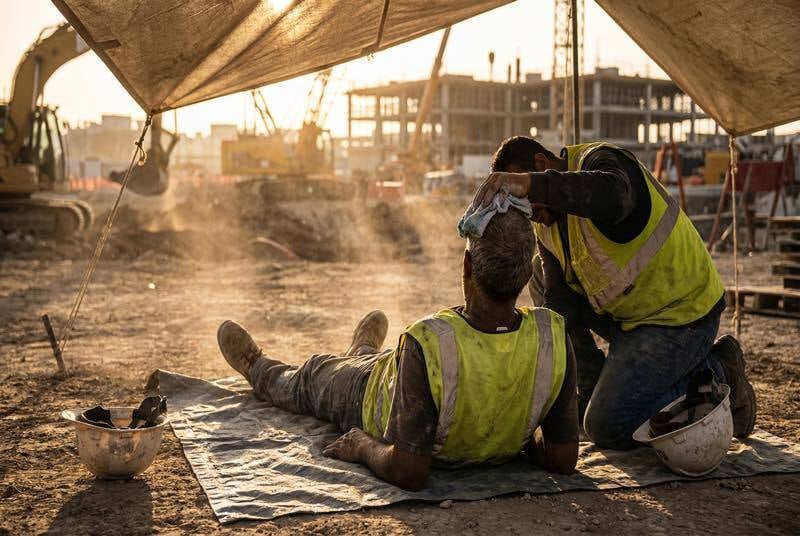 First aid scene on construction site with worker in recovery position under shade while colleague applies cool cloth