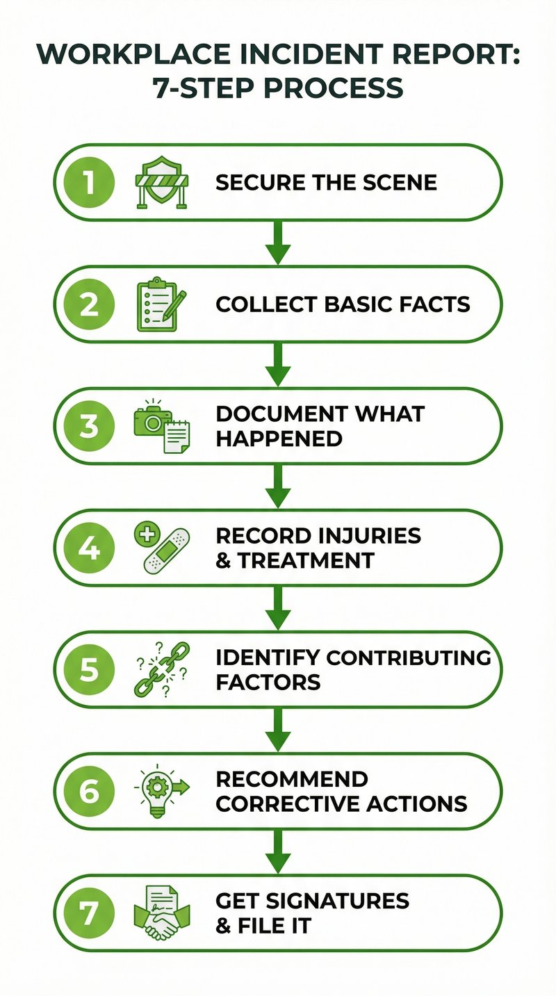 7-step process diagram for writing a workplace incident report: secure scene, collect facts, document events, record injuries, identify factors, recommend actions, get signatures