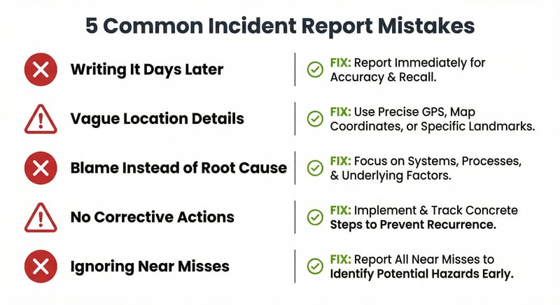 Five common incident report writing mistakes: writing late, vague locations, assigning blame, skipping corrective actions, and ignoring near misses