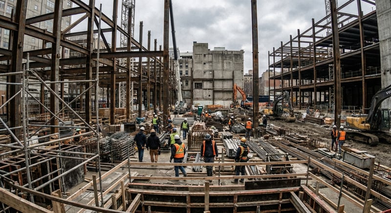 Construction workers on a job site with scaffolding, wearing hard hats and safety vests during active building work