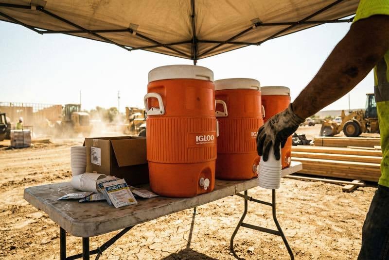 Multiple water coolers set up at a construction work location with cups, electrolyte packets, and posted hydration schedule
