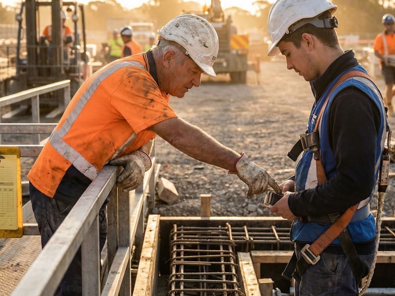Senior construction worker mentoring a younger worker through a proper fall protection harness inspection on an active site, gritty realistic setting with golden hour light