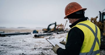 Alberta construction supervisor reviewing incident report paperwork at a work site with prairie industrial backdrop
