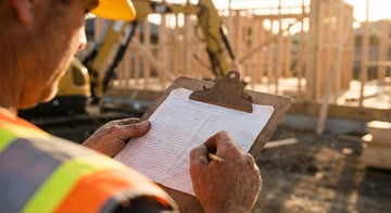 BC construction worker completing a workplace incident report form on a job site clipboard