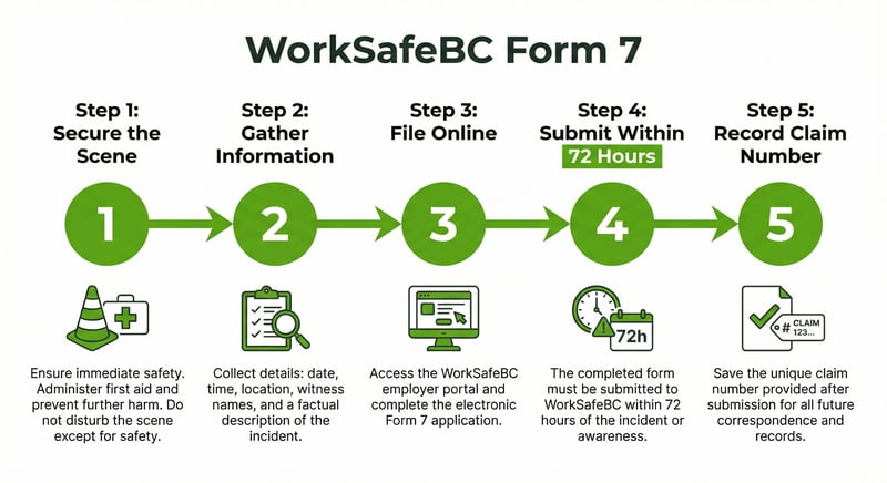 Five-step process diagram showing how BC employers file WorkSafeBC Form 7 within 72 hours