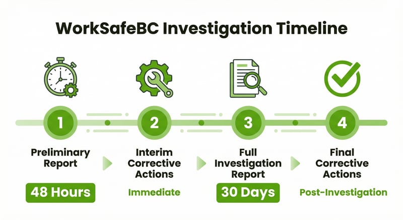 WorkSafeBC four-stage incident investigation timeline showing 48-hour preliminary and 30-day full report deadlines