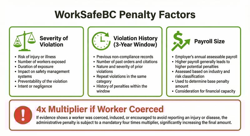 WorkSafeBC administrative penalty calculation factors: violation severity, employer history, and payroll size with 4x multiplier for coercion
