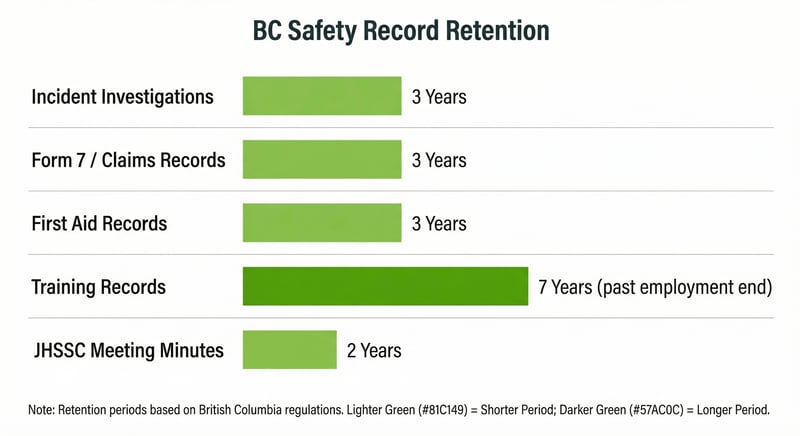 BC workplace safety record retention chart showing minimum years for incident investigations, Form 7, first aid, training, and JHSC records