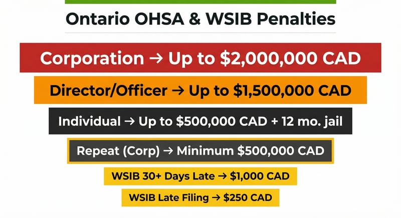 Ontario OHSA and WSIB penalty chart showing maximum fines for workplace safety violations ranging from $250 to $2 million