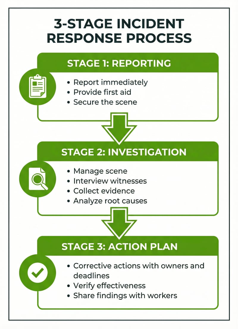Three-stage incident response process: Stage 1 Reporting, Stage 2 Investigation, Stage 3 Action Plan with corrective actions