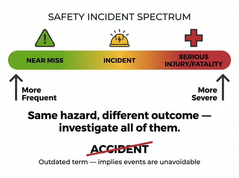 Safety incident spectrum showing near misses, incidents, and serious injuries on a continuum — same hazard, different outcome, investigate all of them