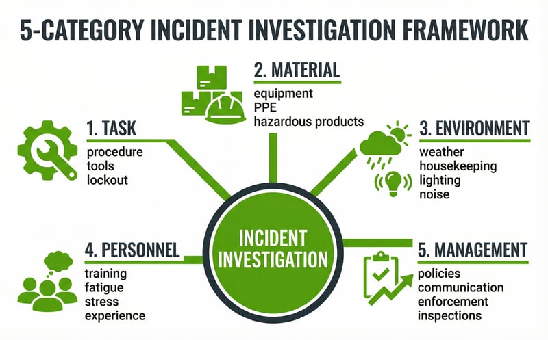 5-category incident investigation framework diagram showing Task, Material, Environment, Personnel, and Management as root cause analysis categories