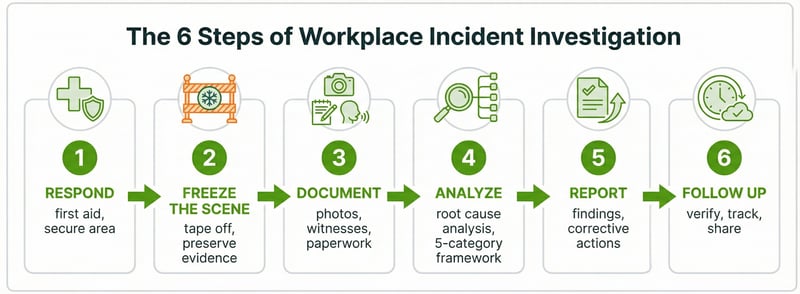 6-step workplace incident investigation process: respond, freeze the scene, document, analyze root causes, report findings, and follow up on corrective actions