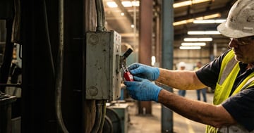 Industrial worker applying a red lockout padlock to an electrical panel disconnect switch in a manufacturing facility
