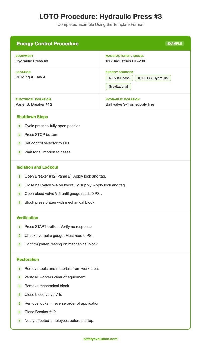 Completed LOTO procedure example for Hydraulic Press #3 showing energy sources, isolation devices, shutdown steps, lockout steps, and verification methods