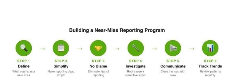Six-step process diagram for building a near-miss reporting program: define, simplify, no blame, investigate, communicate, track trends