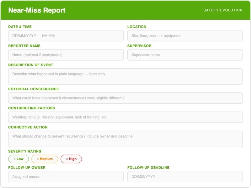 Near-miss incident report form template showing fields for date, location, description, potential consequence, contributing factors, corrective action, and follow-up