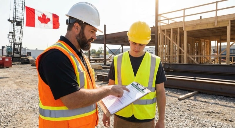 Construction contractors reviewing safety management documentation on a Canadian job site