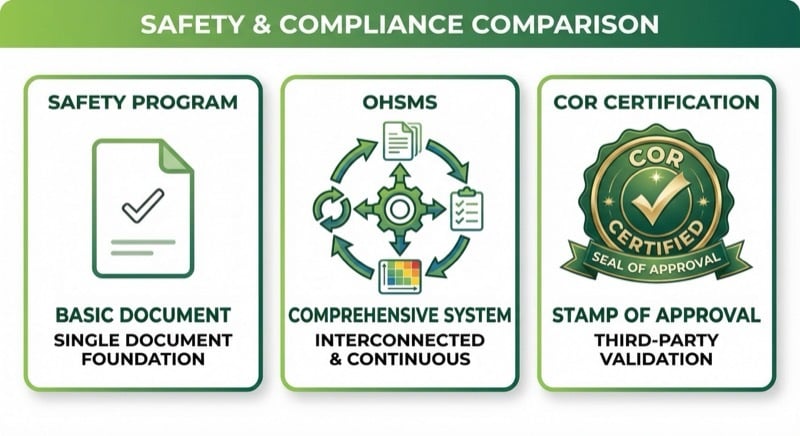 Comparison infographic showing the difference between a safety program, an OHSMS, and COR certification