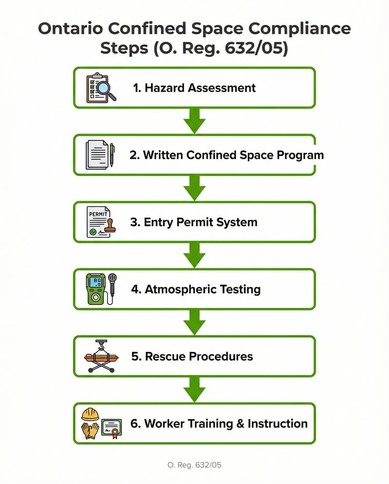 Flowchart showing Ontario confined space compliance steps for contractors under O. Reg. 632/05 from hazard assessment to worker training