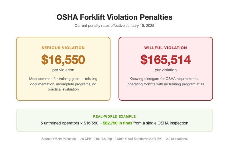 OSHA forklift penalty comparison: serious violations at $16,550 vs willful violations at $165,514