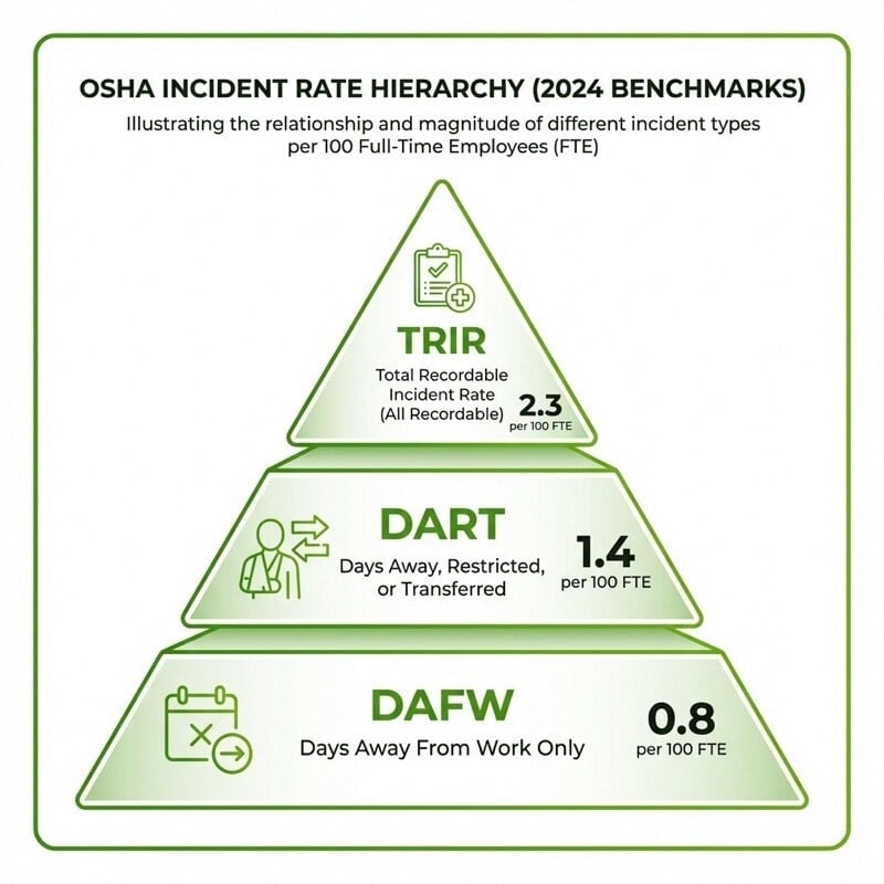 OSHA incident rate hierarchy showing TRIR (2.3), DART (1.4), and DAFW (0.8) rates per 100 FTE in 2024