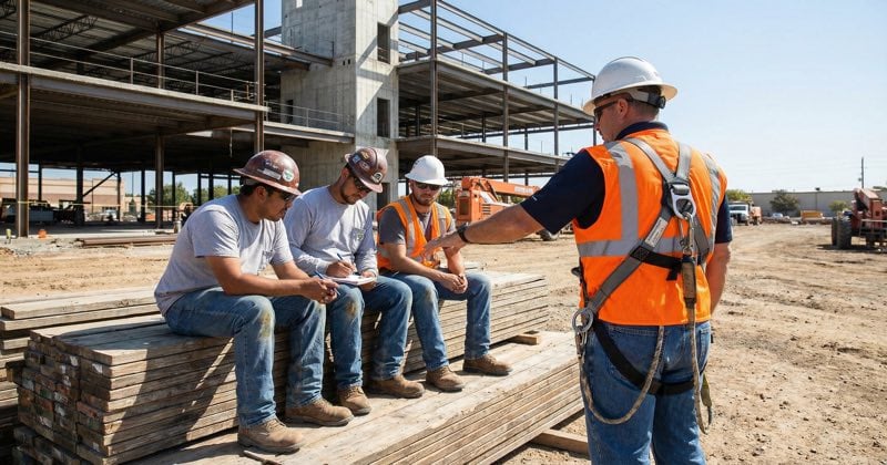 Supervisor demonstrating fall protection harness use during an OSHA toolbox talk on a US construction site