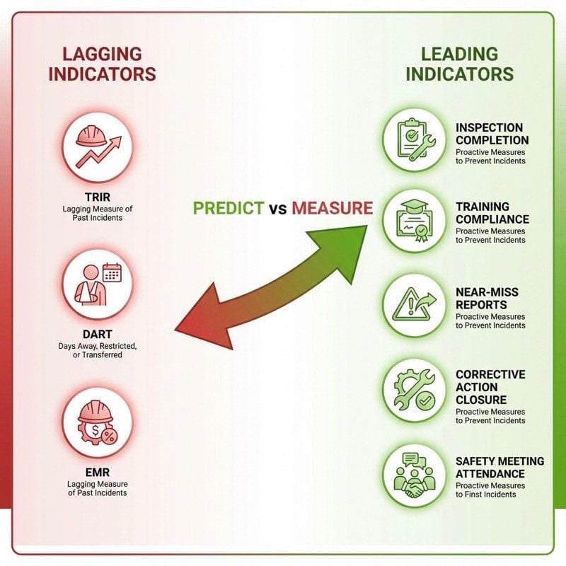 Infographic showing leading vs lagging safety indicators - 3 lagging metrics (TRIR, DART, EMR) and 5 leading metrics (inspections, training, near-misses, corrective actions, meetings)