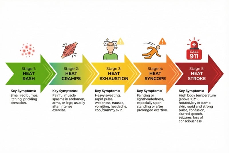 Infographic showing 5 stages of heat illness progression from heat rash to heat stroke with key symptoms and emergency markers
