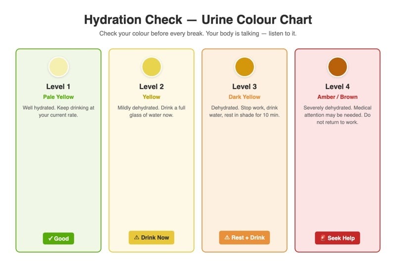 Urine colour hydration chart showing 4 levels from well hydrated pale yellow to severely dehydrated amber with action steps