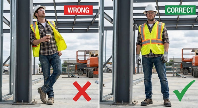 Split-screen comparison of incorrectly worn PPE versus properly worn PPE on a construction site