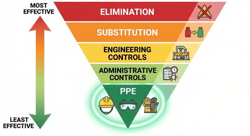 Hierarchy of controls infographic showing five levels from elimination to PPE as the last line of defense