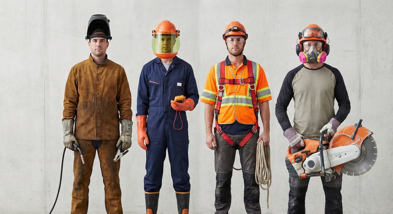 Four construction workers representing different trades with trade-specific PPE including welder, electrician, heights worker, and concrete cutter