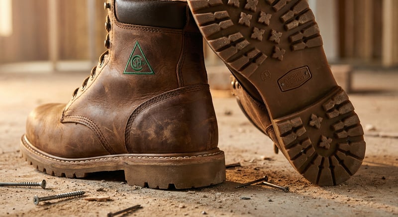 Close-up of CSA-approved construction safety boots showing green triangle certification marking, rugged leather construction, and puncture-resistant sole