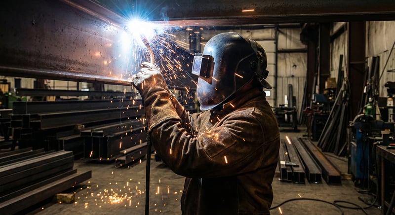 Welder in full flame-resistant gear with shower of sparks cascading off protective clothing during overhead welding