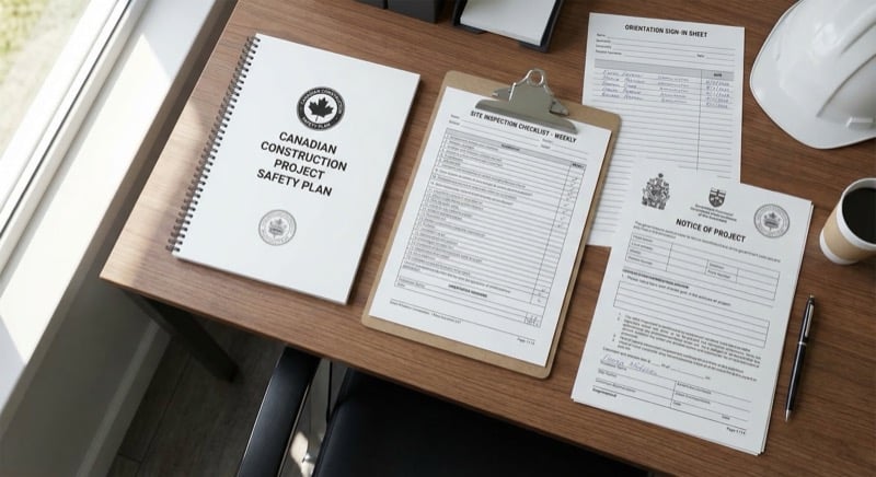 Prime contractor safety documentation including site safety plan, inspection checklists, and orientation records