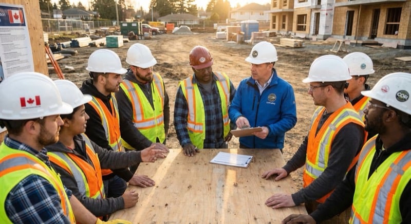 Construction workers gathered for a coordinated safety meeting on a BC construction site