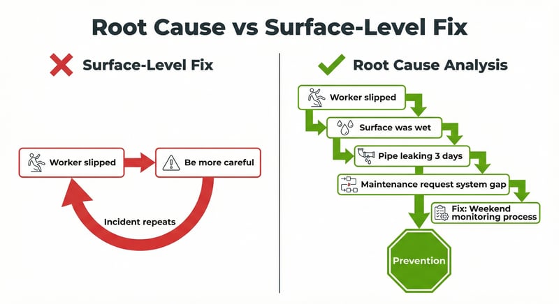 Root cause analysis vs surface-level fix: surface fixes lead to repeated incidents while root cause analysis leads to prevention through deeper investigation