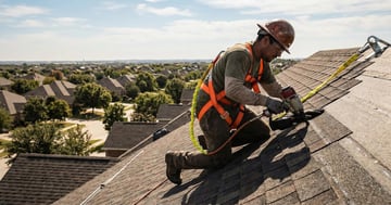 Roofer working on steep residential roof wearing personal fall arrest system with skyline background