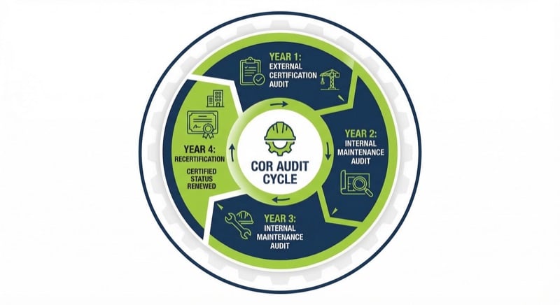 COR audit 3-year cycle showing certification, maintenance, and recertification timeline