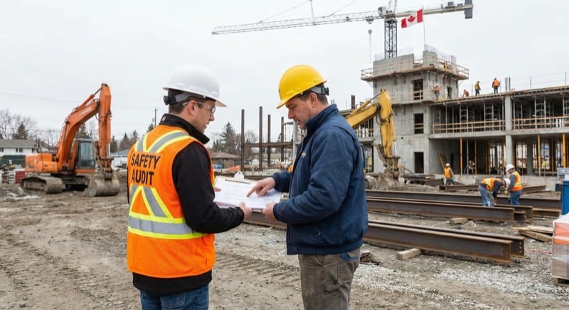 Safety auditor reviewing inspection documents with construction supervisor on a job site