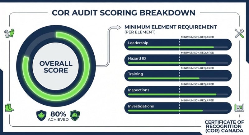 COR audit scoring breakdown showing 80% overall threshold and 50% minimum per element