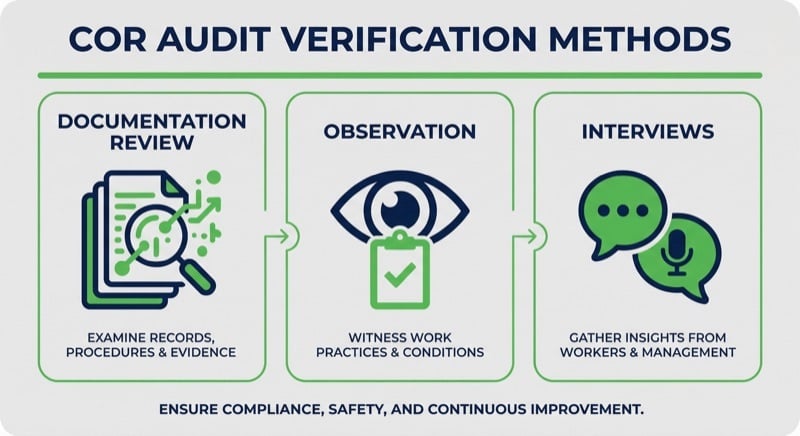 Three COR audit verification methods: documentation review, site observation, and worker interviews