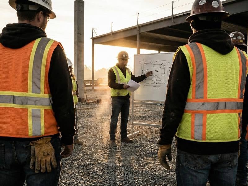 Construction crew conducting a toolbox talk on an active building site, workers in high-visibility gear gathered around a whiteboard, golden hour lighting